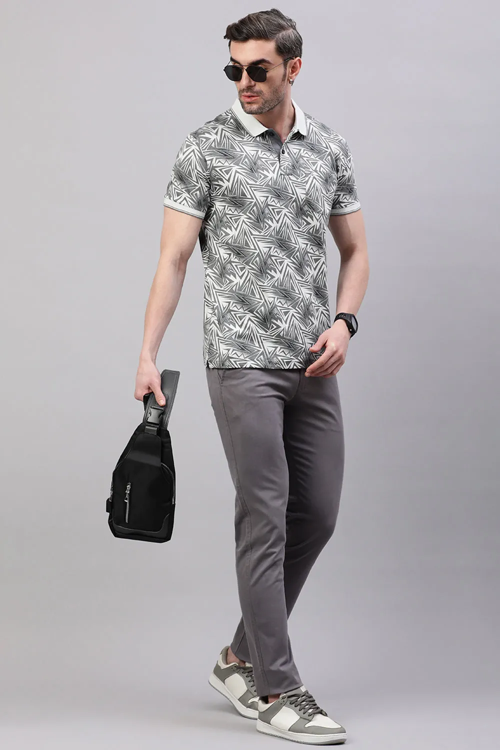 Classic Polo Men's Half Sleeve White/Grey Polo Neck Slim Fit All-Over Print T-Shirt