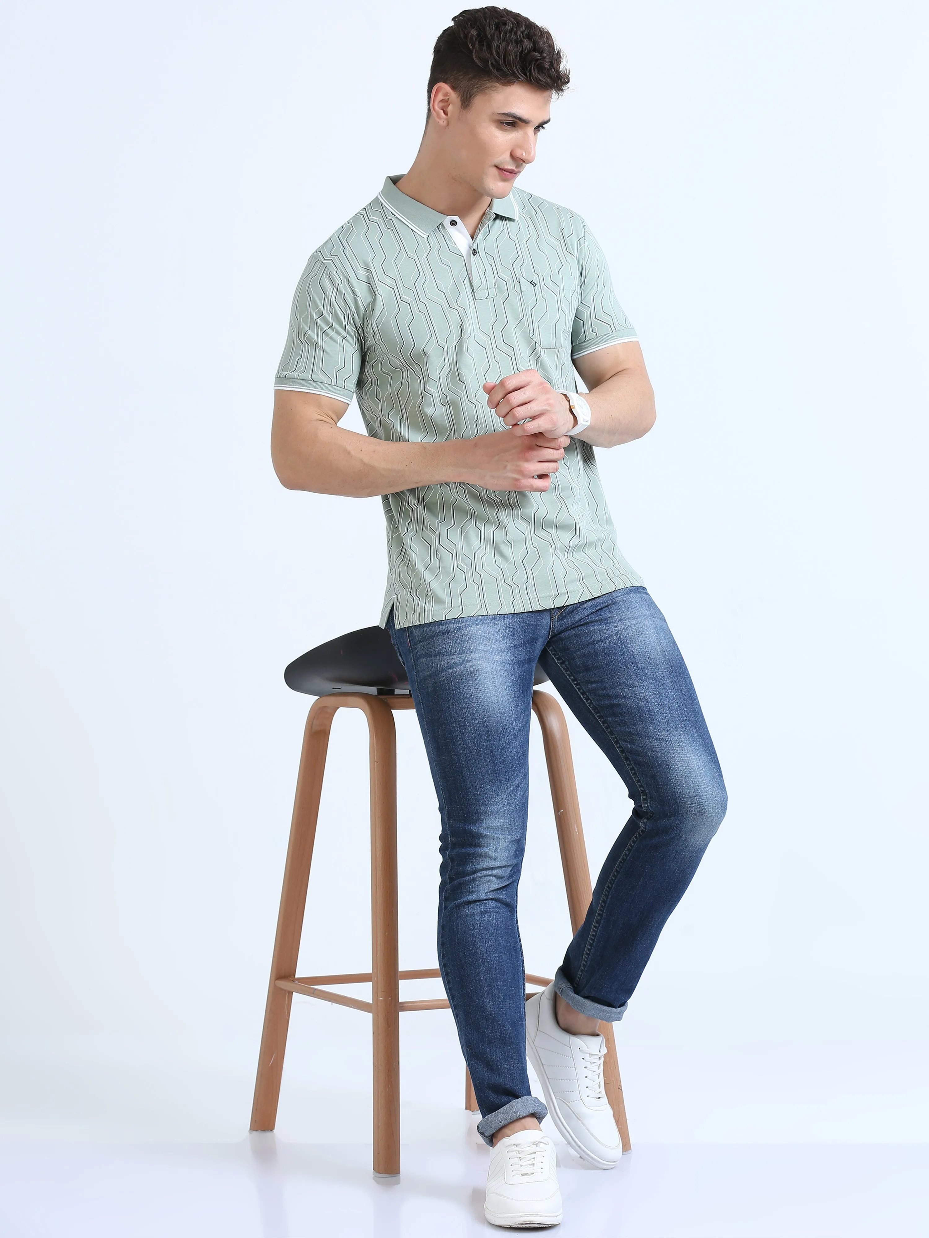 Classic Polo Men's Polo Neck Cotton Lt.Green Slim Fit Printed T-Shirt | BELLO-235 A SF P