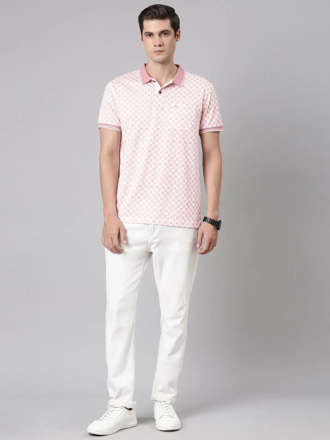 Classic Polo Men's Polo Neck Cotton White/Lt.Pink Slim Fit Printed T-Shirt | BELLO-287 B SF P