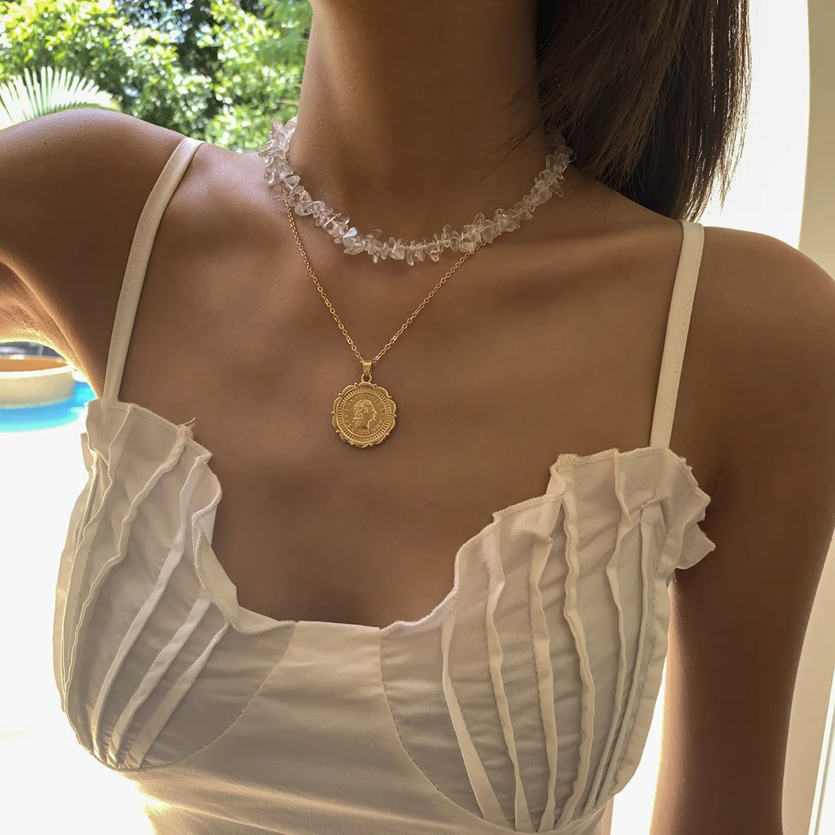 Clear & 18K Gold-Plated Coin Pendant Necklace Set
