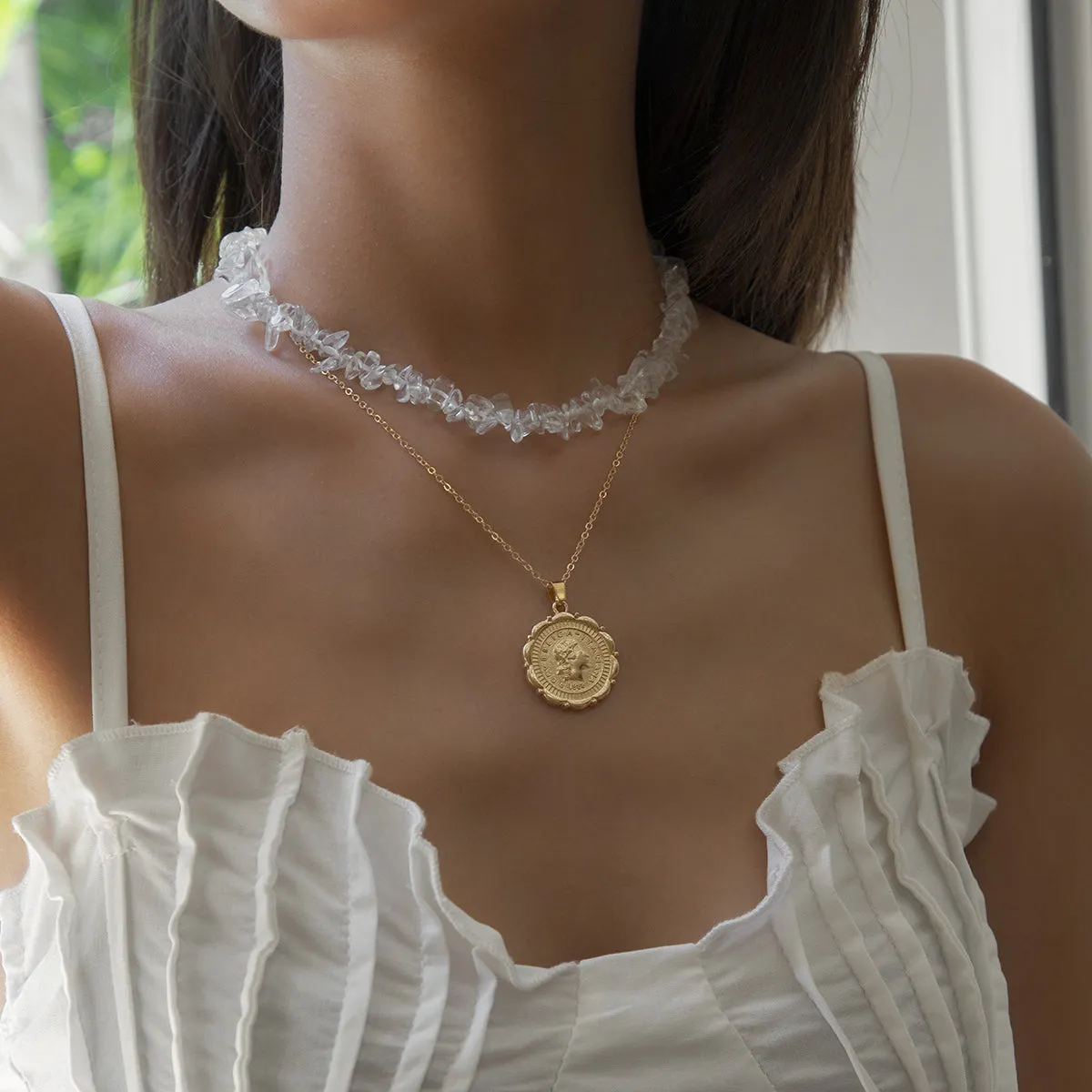 Clear & 18K Gold-Plated Coin Pendant Necklace Set