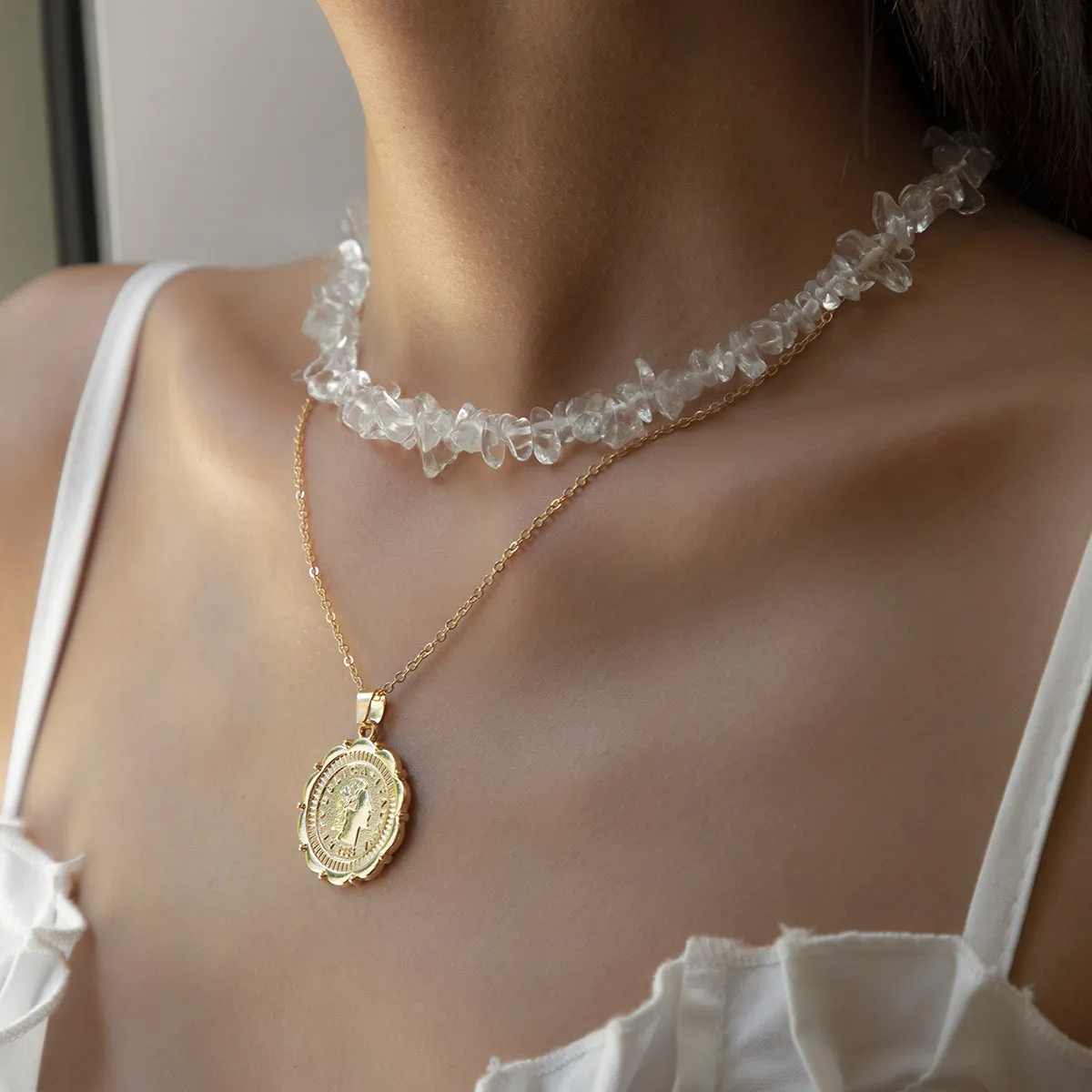 Clear & 18K Gold-Plated Coin Pendant Necklace Set