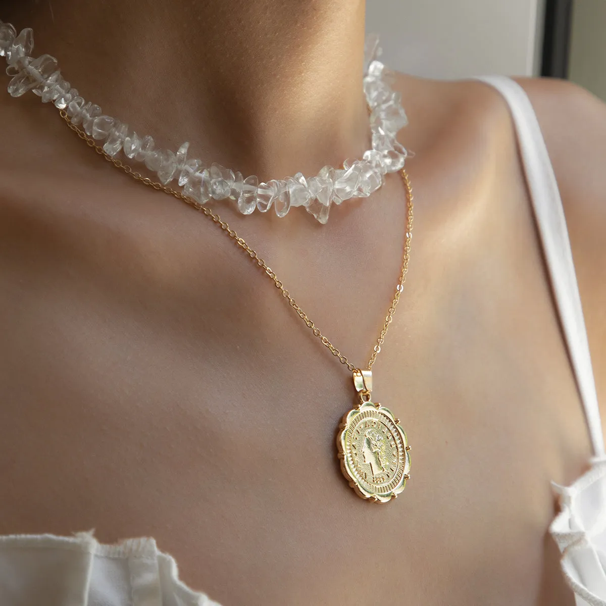 Clear & 18K Gold-Plated Coin Pendant Necklace Set