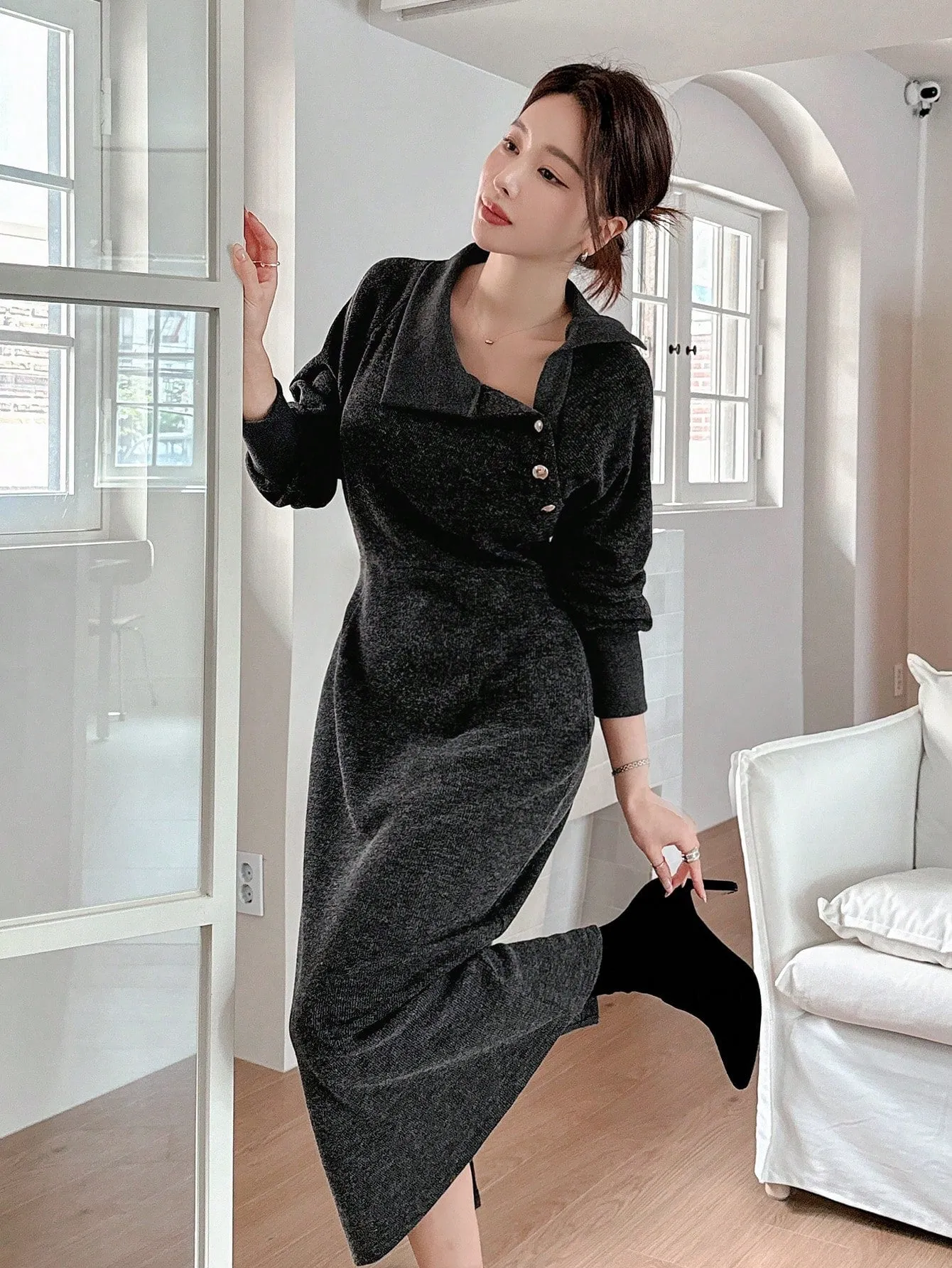 CM-DS143953 Women Casual Seoul Style Asymmetric Collar Long Sleeve A-Line Dress - Black