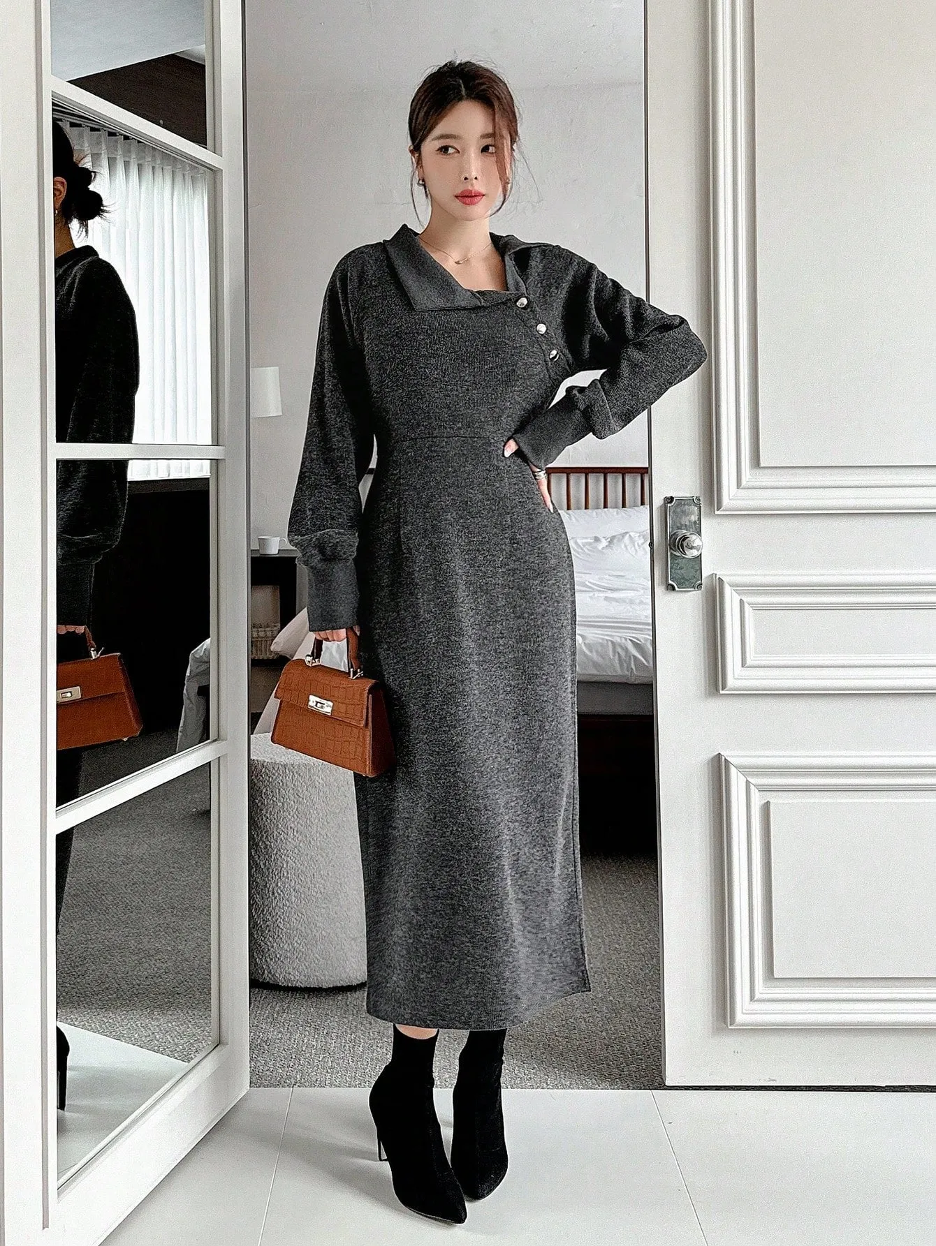 CM-DS143953 Women Casual Seoul Style Asymmetric Collar Long Sleeve A-Line Dress - Black
