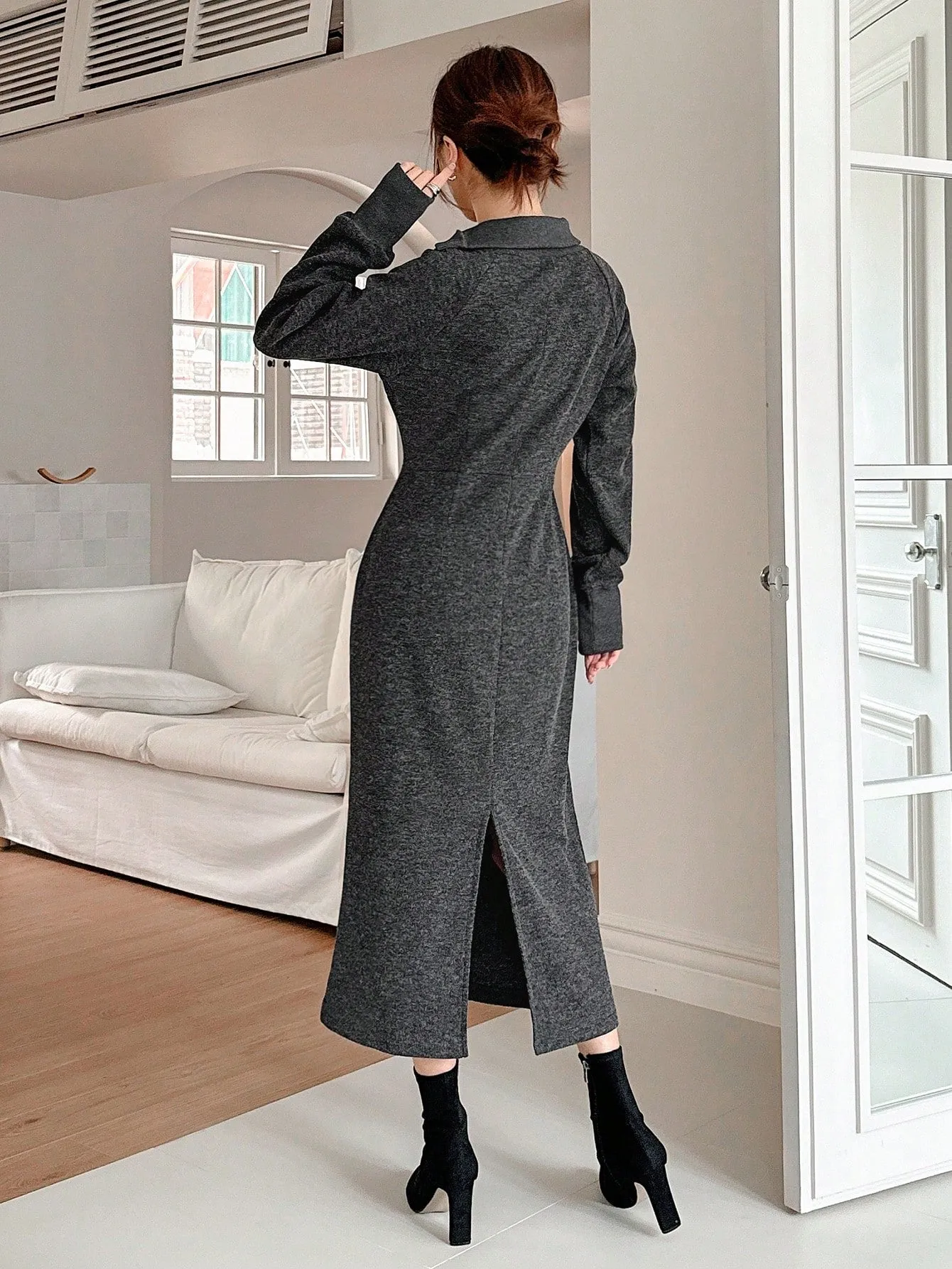 CM-DS143953 Women Casual Seoul Style Asymmetric Collar Long Sleeve A-Line Dress - Black