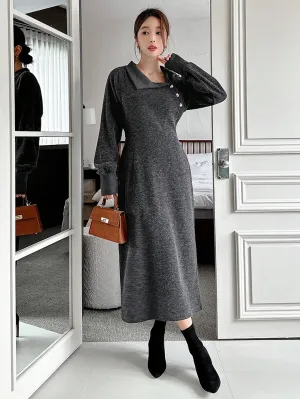 CM-DS143953 Women Casual Seoul Style Asymmetric Collar Long Sleeve A-Line Dress - Black