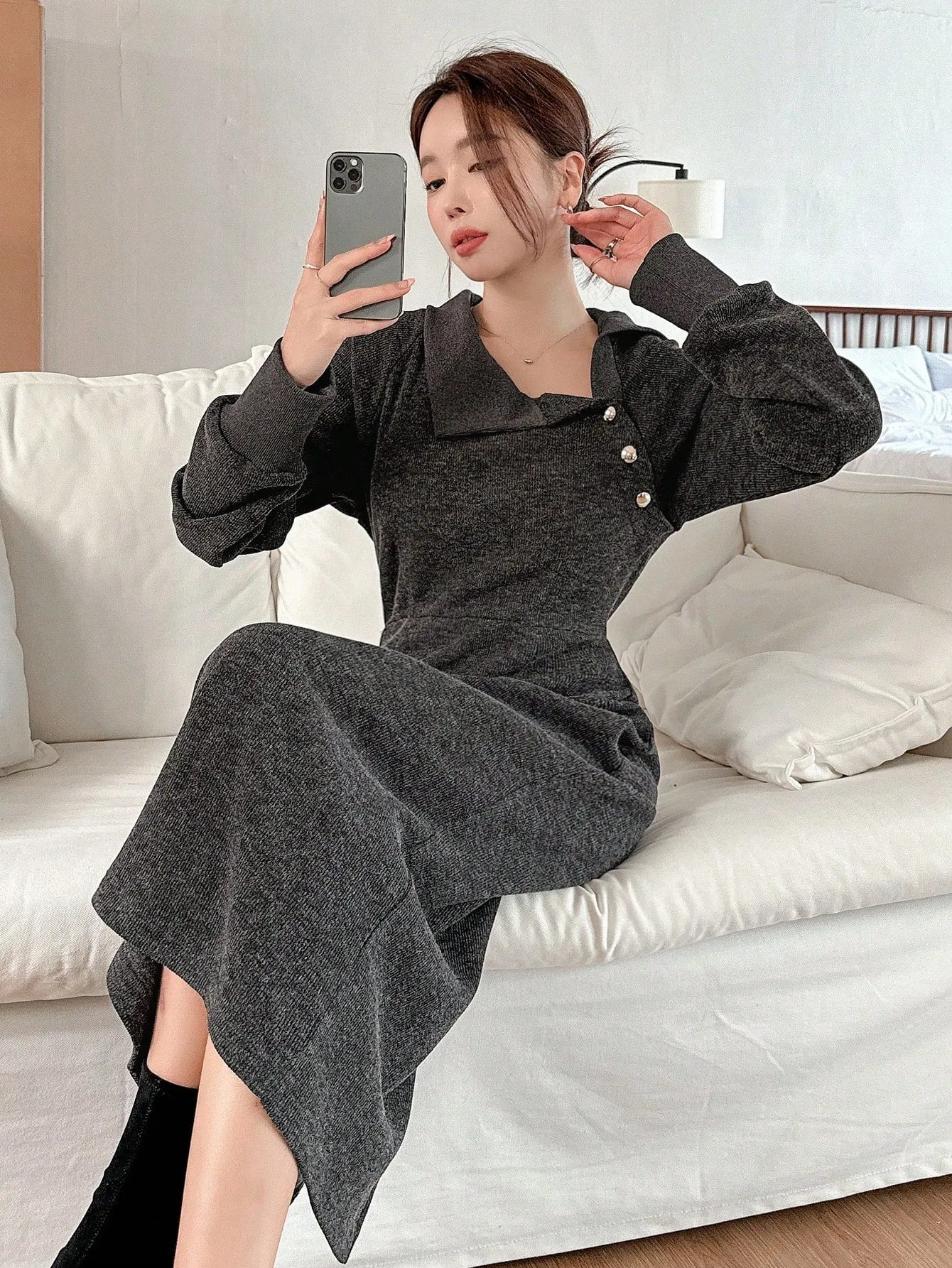 CM-DS143953 Women Casual Seoul Style Asymmetric Collar Long Sleeve A-Line Dress - Black