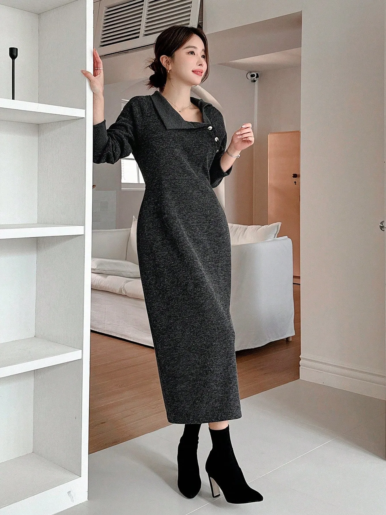 CM-DS143953 Women Casual Seoul Style Asymmetric Collar Long Sleeve A-Line Dress - Black