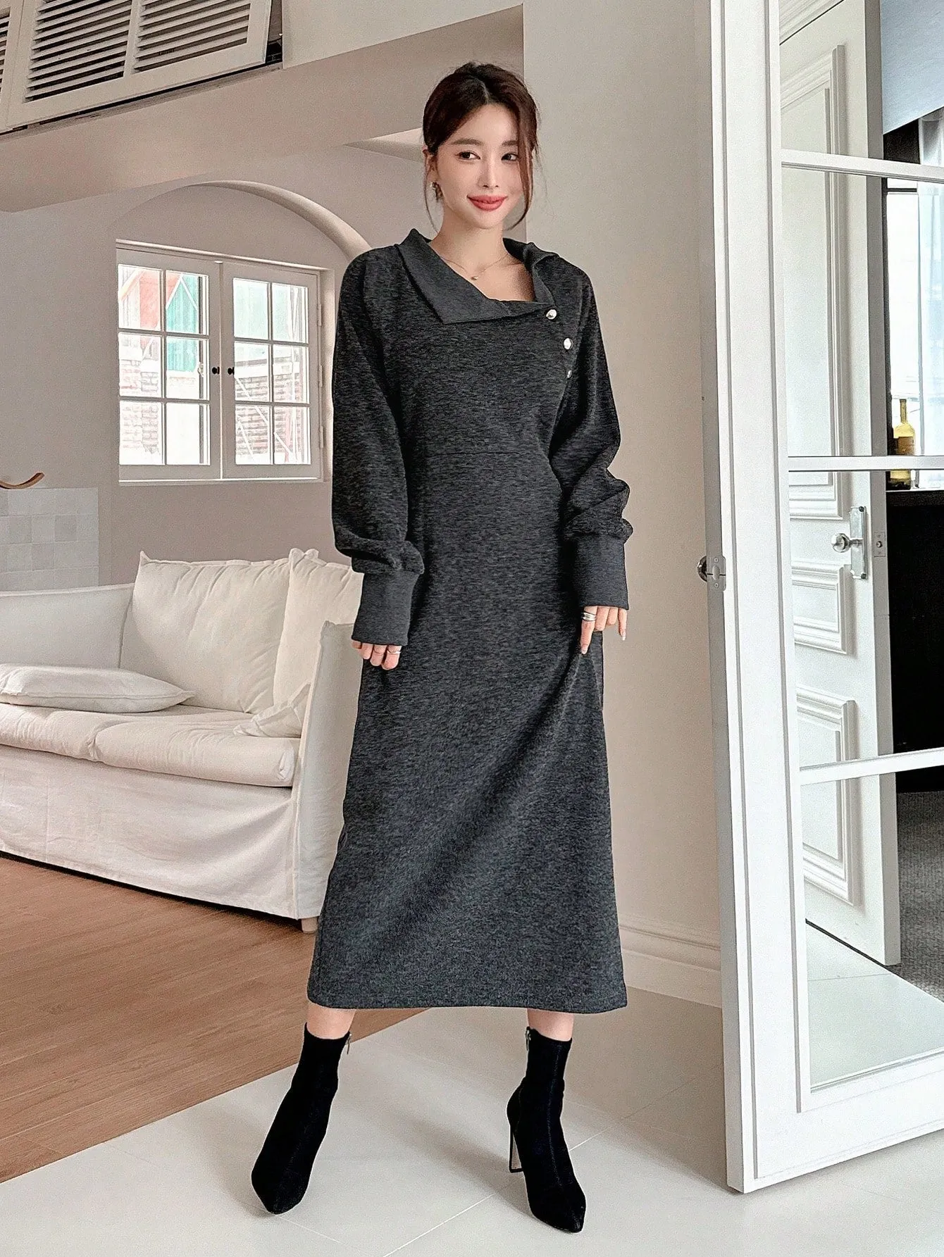 CM-DS143953 Women Casual Seoul Style Asymmetric Collar Long Sleeve A-Line Dress - Black