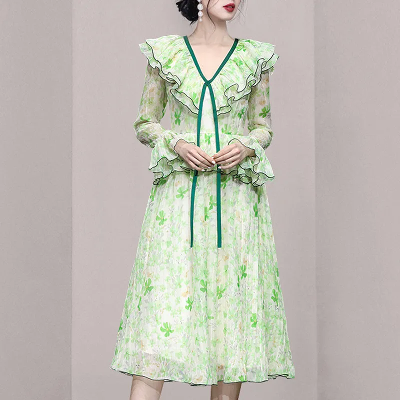 CM-DY054061 Women Elegant European Style Lotus Leaf Edges Long Sleeve Slim Dress