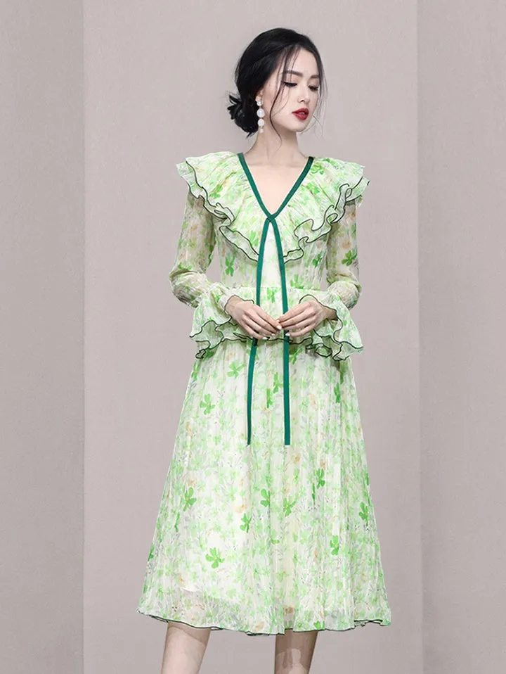 CM-DY054061 Women Elegant European Style Lotus Leaf Edges Long Sleeve Slim Dress