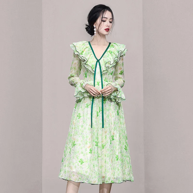 CM-DY054061 Women Elegant European Style Lotus Leaf Edges Long Sleeve Slim Dress