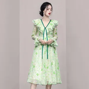 CM-DY054061 Women Elegant European Style Lotus Leaf Edges Long Sleeve Slim Dress