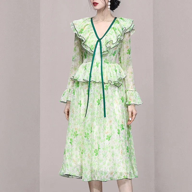 CM-DY054061 Women Elegant European Style Lotus Leaf Edges Long Sleeve Slim Dress