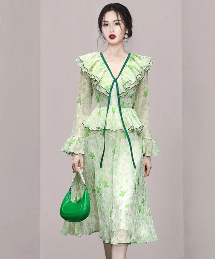 CM-DY054061 Women Elegant European Style Lotus Leaf Edges Long Sleeve Slim Dress