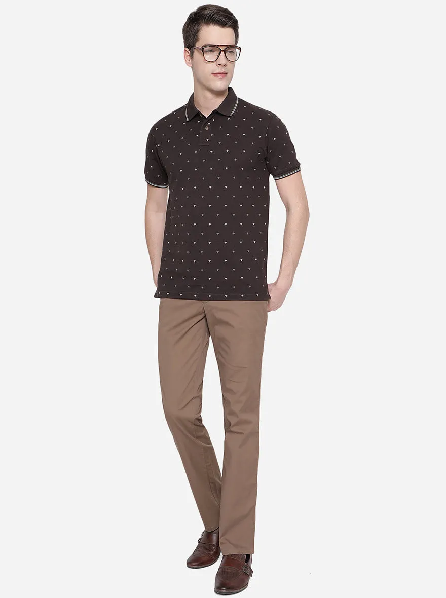 Coffee Brown Printed Slim Fit Polo T-Shirt | Greenfibre