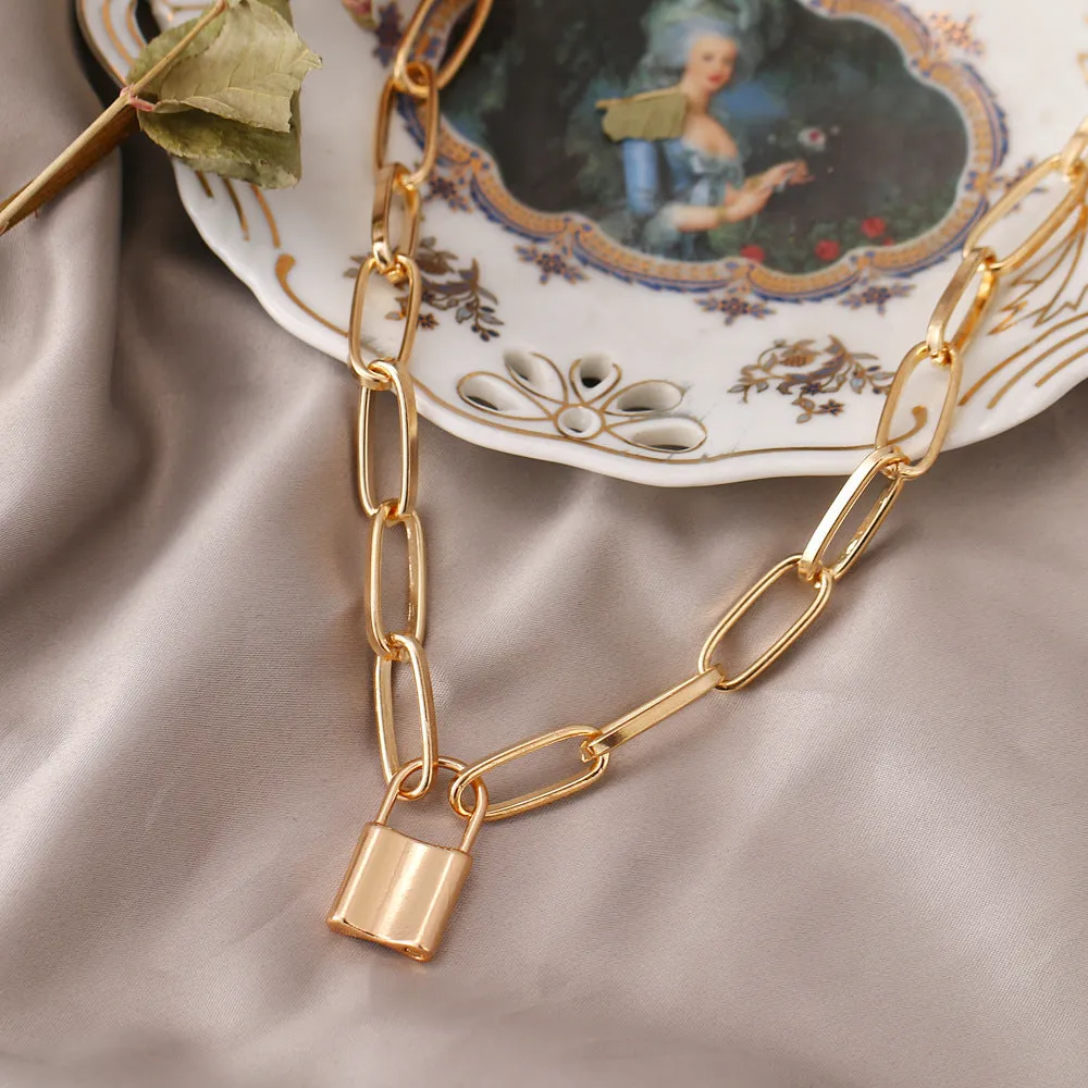 Combo of 2 Gold Plated Layered Lock and Key Pendants