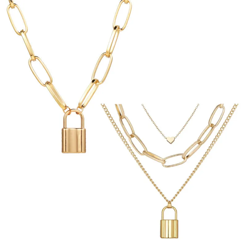 Combo of 2 Gold Plated Layered Lock and Key Pendants