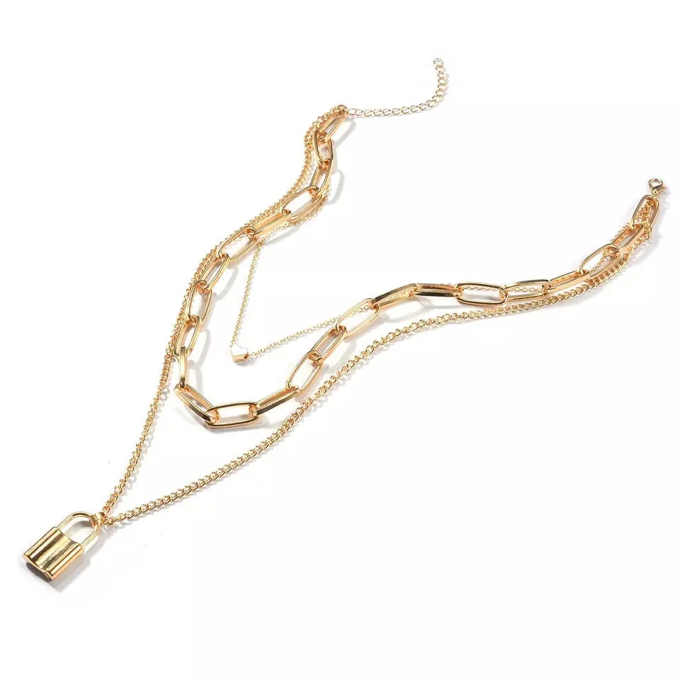 Combo of 2 Gold Plated Layered Lock and Key Pendants