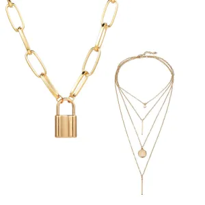 Combo of 2 Gold Plated Lock Coin Layered Necklace
