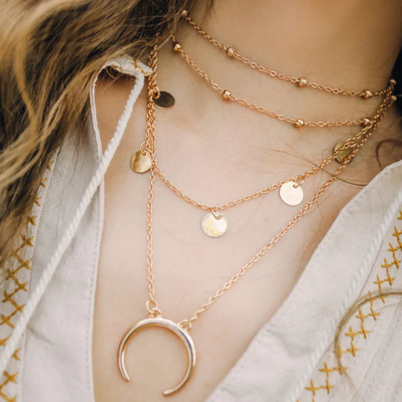 Combo of 2 Layered Heart Lock and Half Moon Pendant