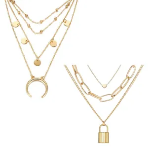 Combo of 2 Layered Heart Lock and Half Moon Pendant