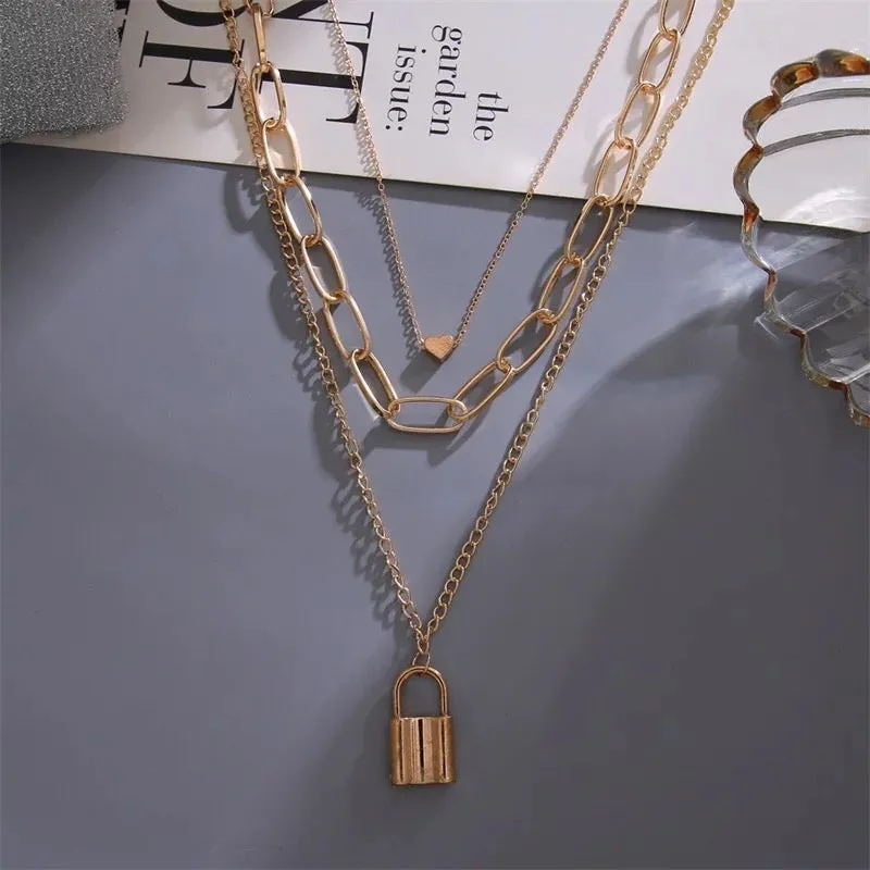 Combo of 2 Layered Heart Lock and Half Moon Pendant