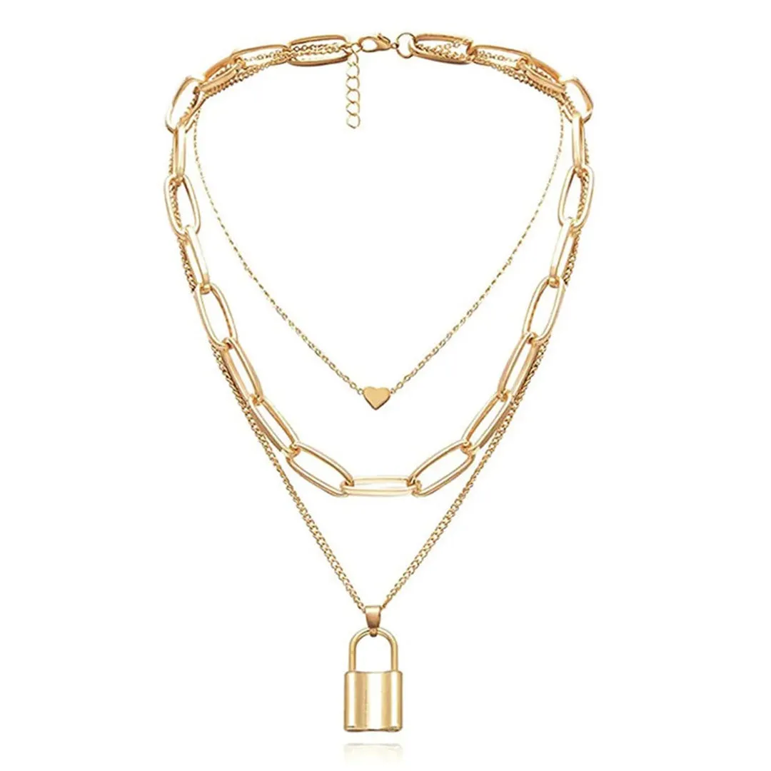 Combo of 2 Layered Heart Lock and Half Moon Pendant