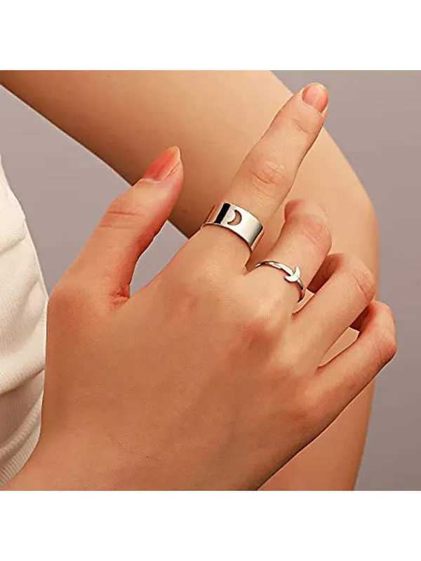 Combo of 2 Silver Half Moon Matching Couple Ring