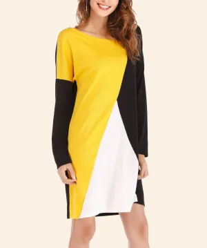 Contrast Colorblock Long Sleeve Loose Round Neck Dress
