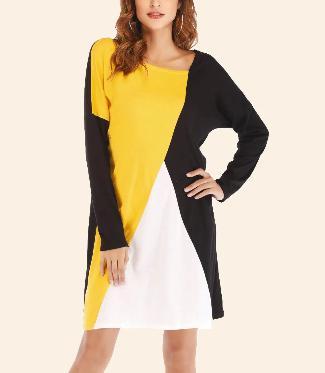 Contrast Colorblock Long Sleeve Loose Round Neck Dress