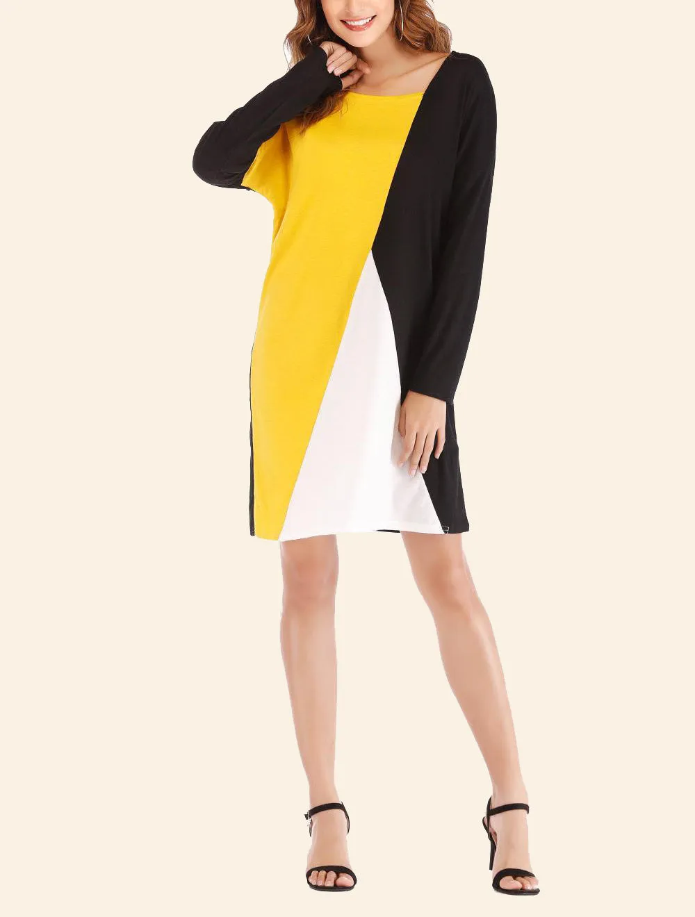 Contrast Colorblock Long Sleeve Loose Round Neck Dress