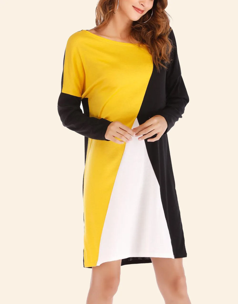 Contrast Colorblock Long Sleeve Loose Round Neck Dress