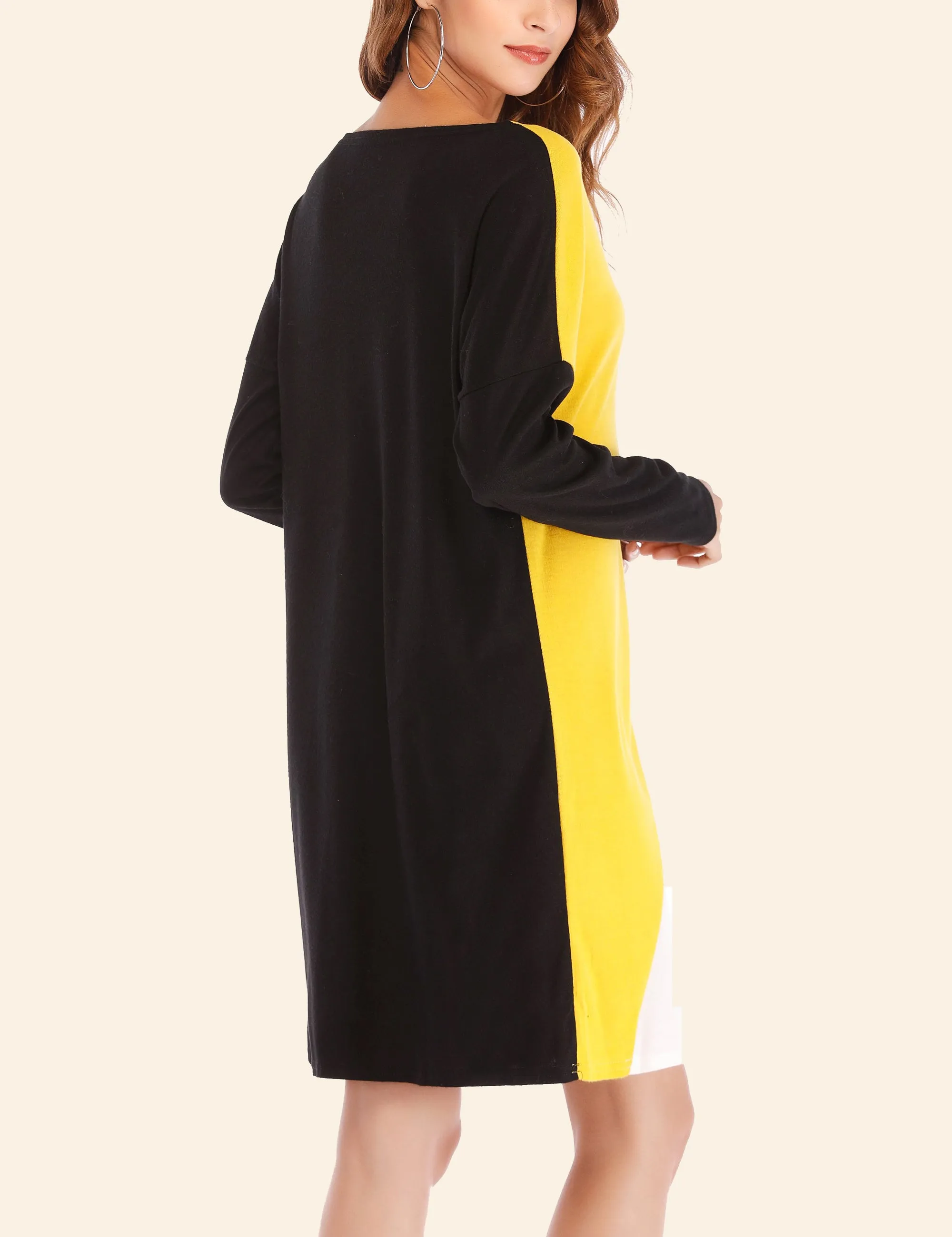 Contrast Colorblock Long Sleeve Loose Round Neck Dress