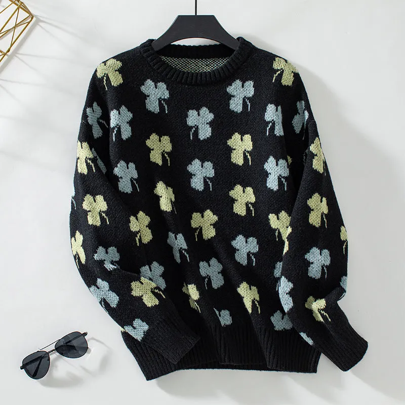 Cozy Jacquard Knit Jumper with Round Neck for Women
