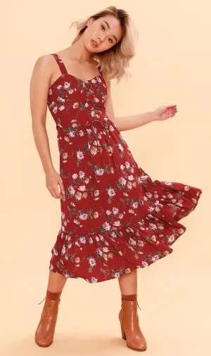 CRESSIDA Floral Lace-Up Midi Dress (Rust Red)