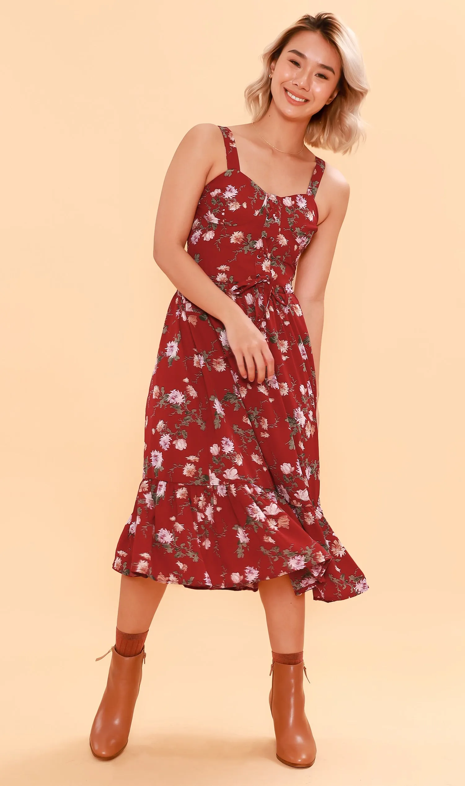 CRESSIDA Floral Lace-Up Midi Dress (Rust Red)