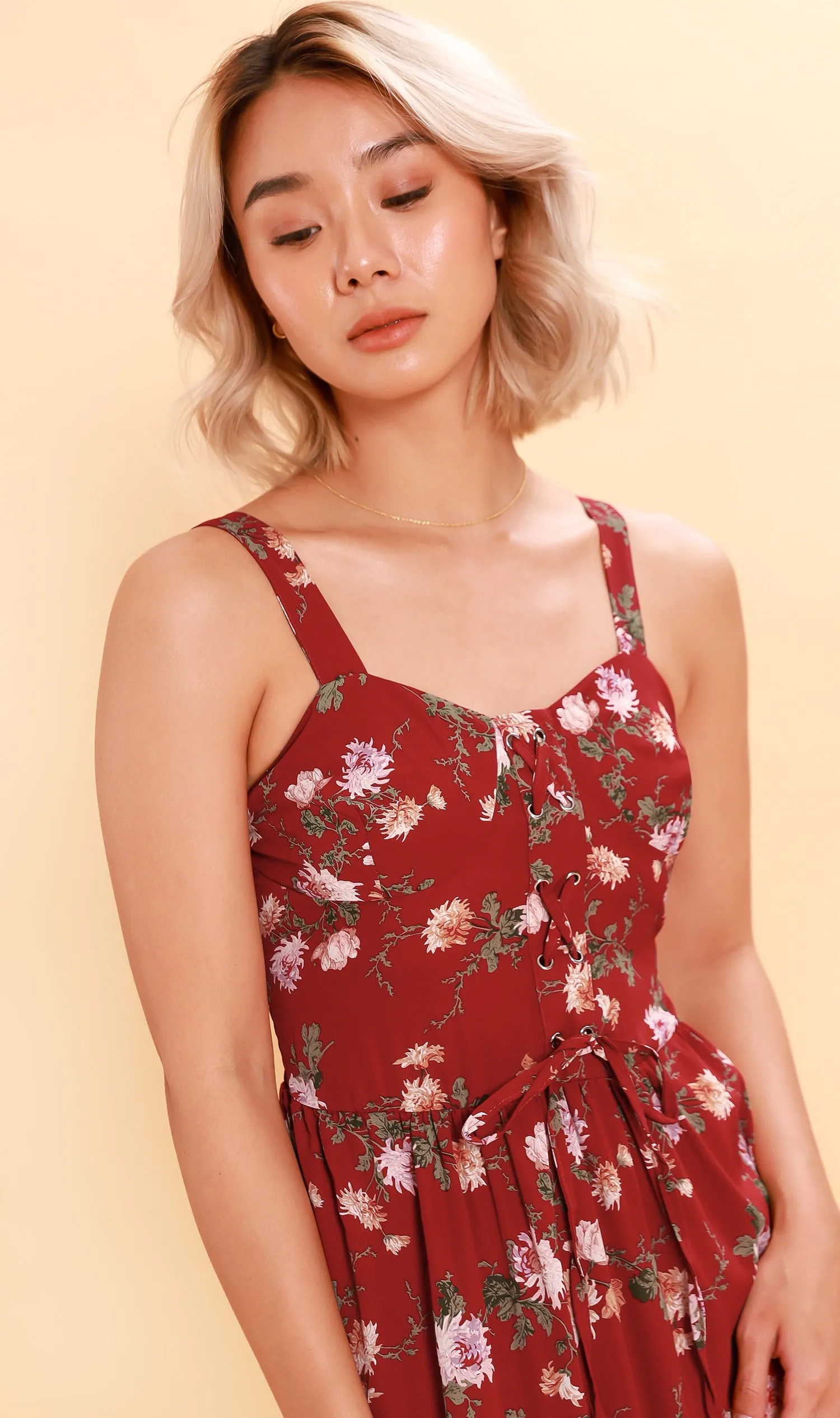 CRESSIDA Floral Lace-Up Midi Dress (Rust Red)