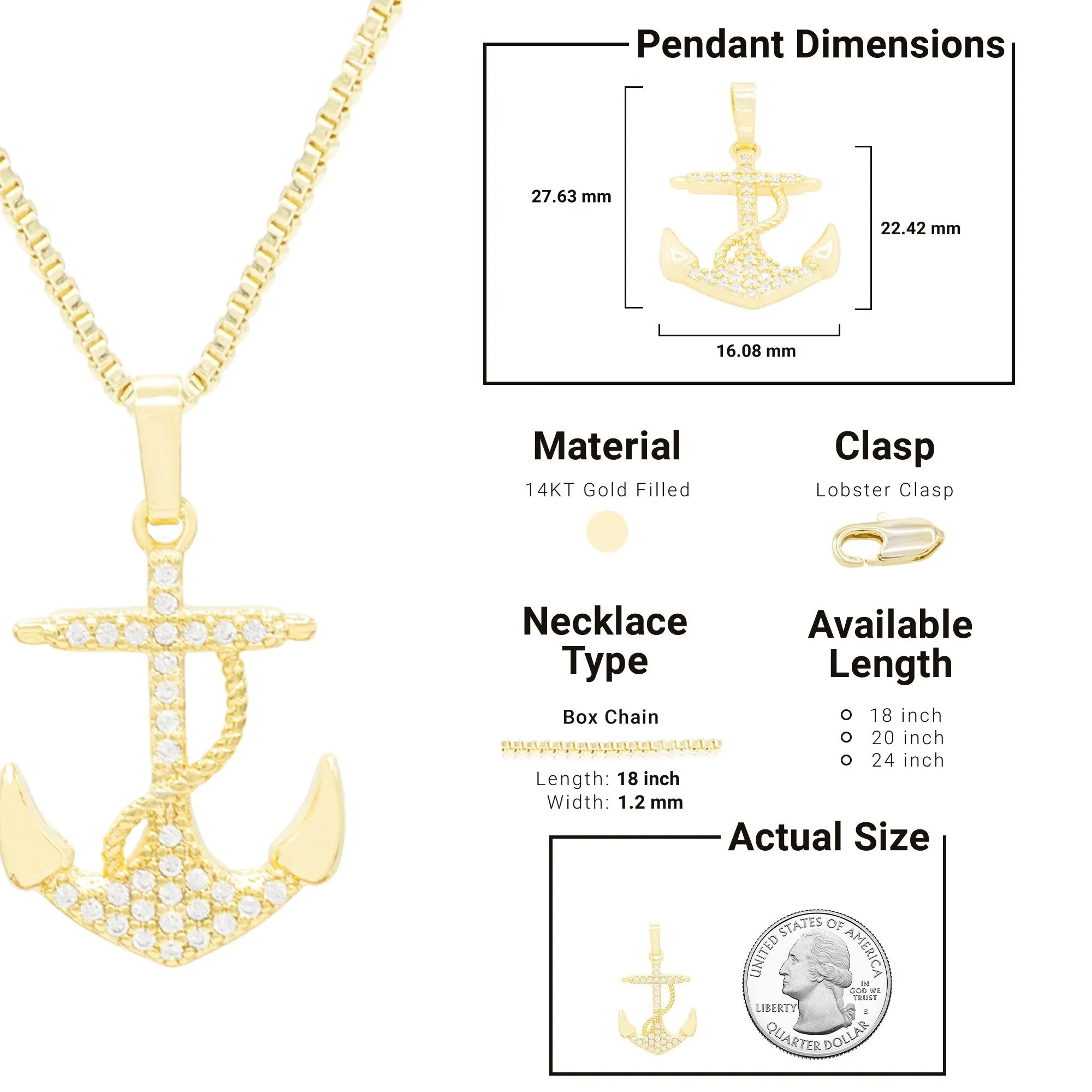 Cubic Zirconia Devil Anchor Pendant 14K Gold Filled Necklace Set