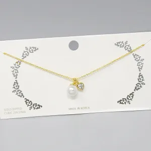 CZ Heart And Pearl Pendant Short Chain Necklace
