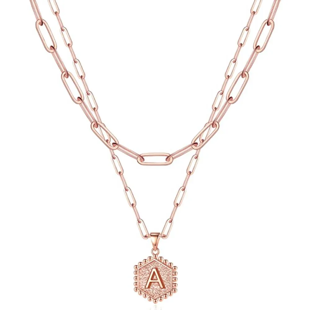 Dainty Layered Initial Necklaces for Women, 14K Gold Plated Paperclip Chain Necklace Simple Cute Hexagon Letter Pendant Initial Choker Necklace Gold Layered Necklaces for Women | Multiple Colors and Sizes