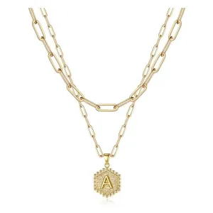 Dainty Layered Initial Necklaces for Women, 14K Gold Plated Paperclip Chain Necklace Simple Cute Hexagon Letter Pendant Initial Choker Necklace Gold Layered Necklaces for Women | Multiple Colors and Sizes