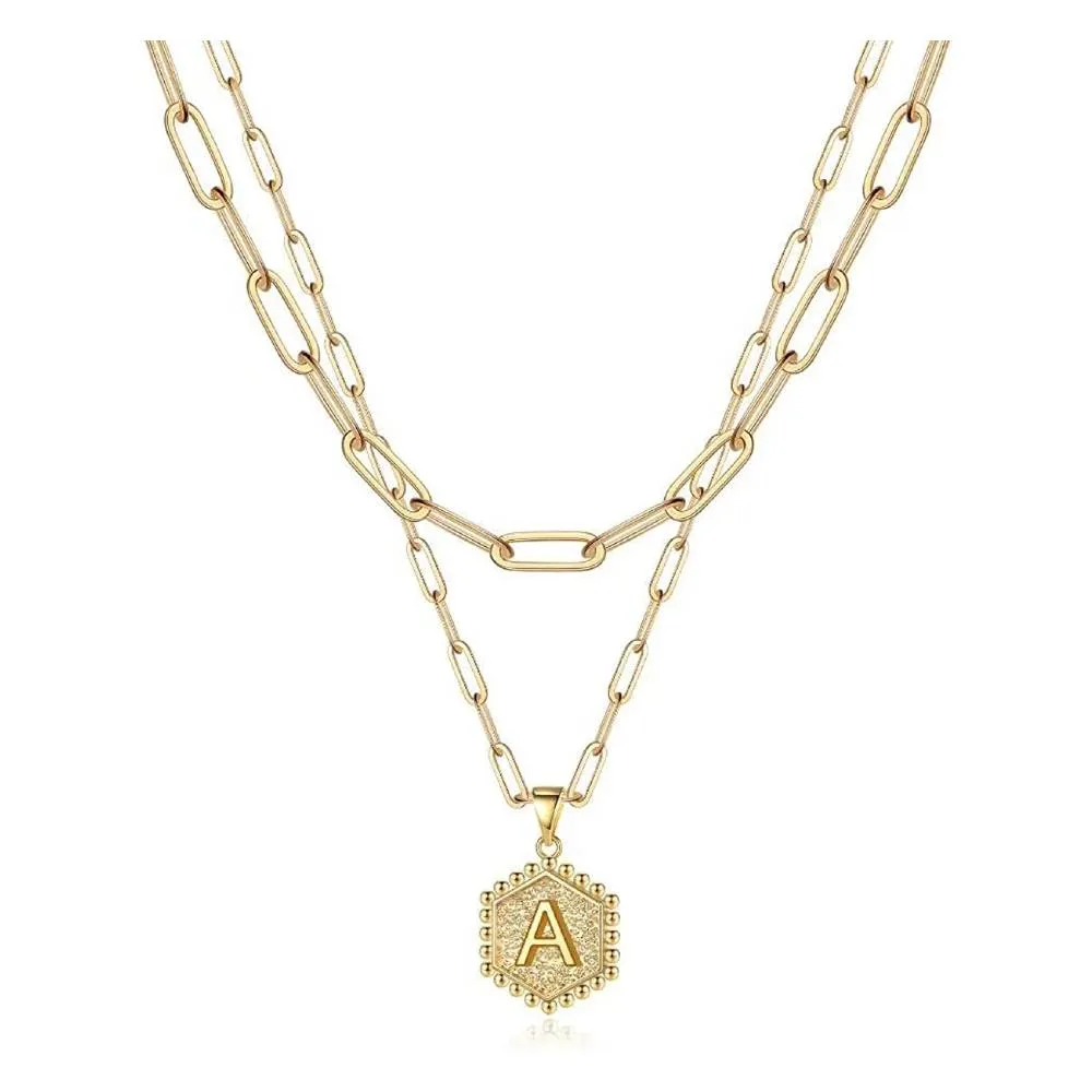 Dainty Layered Initial Necklaces for Women, 14K Gold Plated Paperclip Chain Necklace Simple Cute Hexagon Letter Pendant Initial Choker Necklace Gold Layered Necklaces for Women | Multiple Colors and Sizes