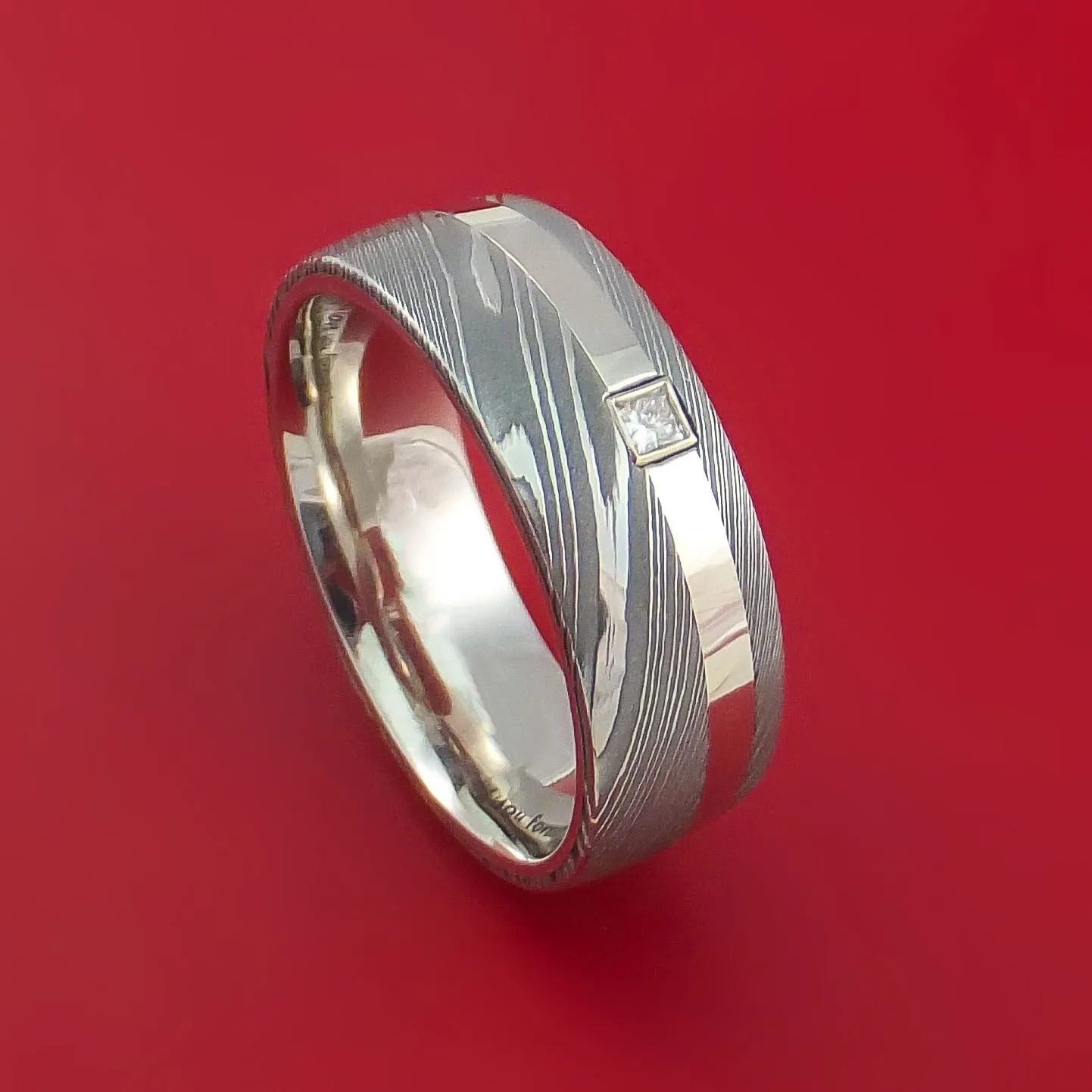 Damascus Steel and 14K White Gold Ring with Diamond Custom Made Band