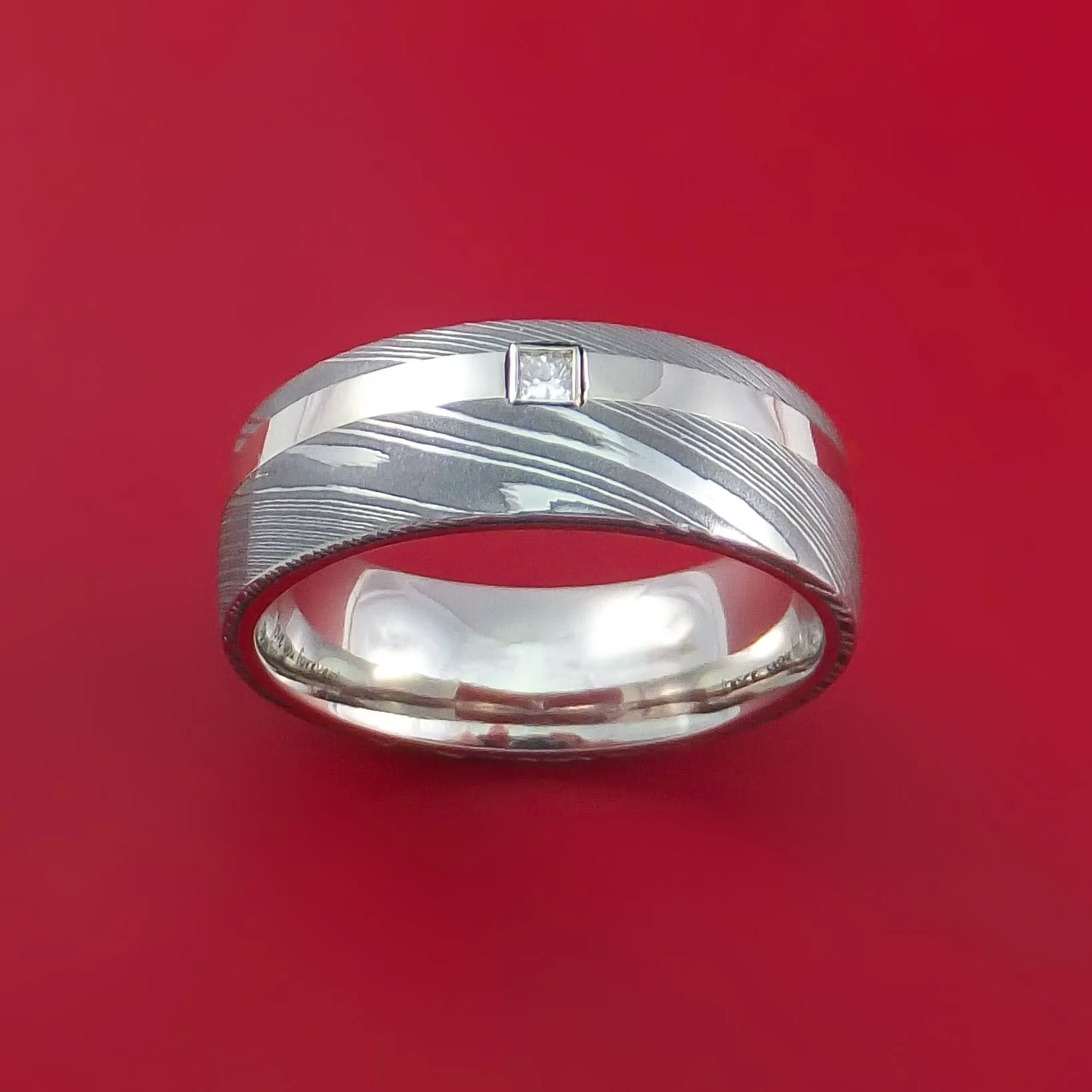 Damascus Steel and 14K White Gold Ring with Diamond Custom Made Band