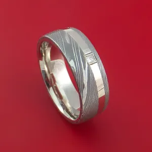 Damascus Steel and 14K White Gold Ring with Diamond Custom Made Band