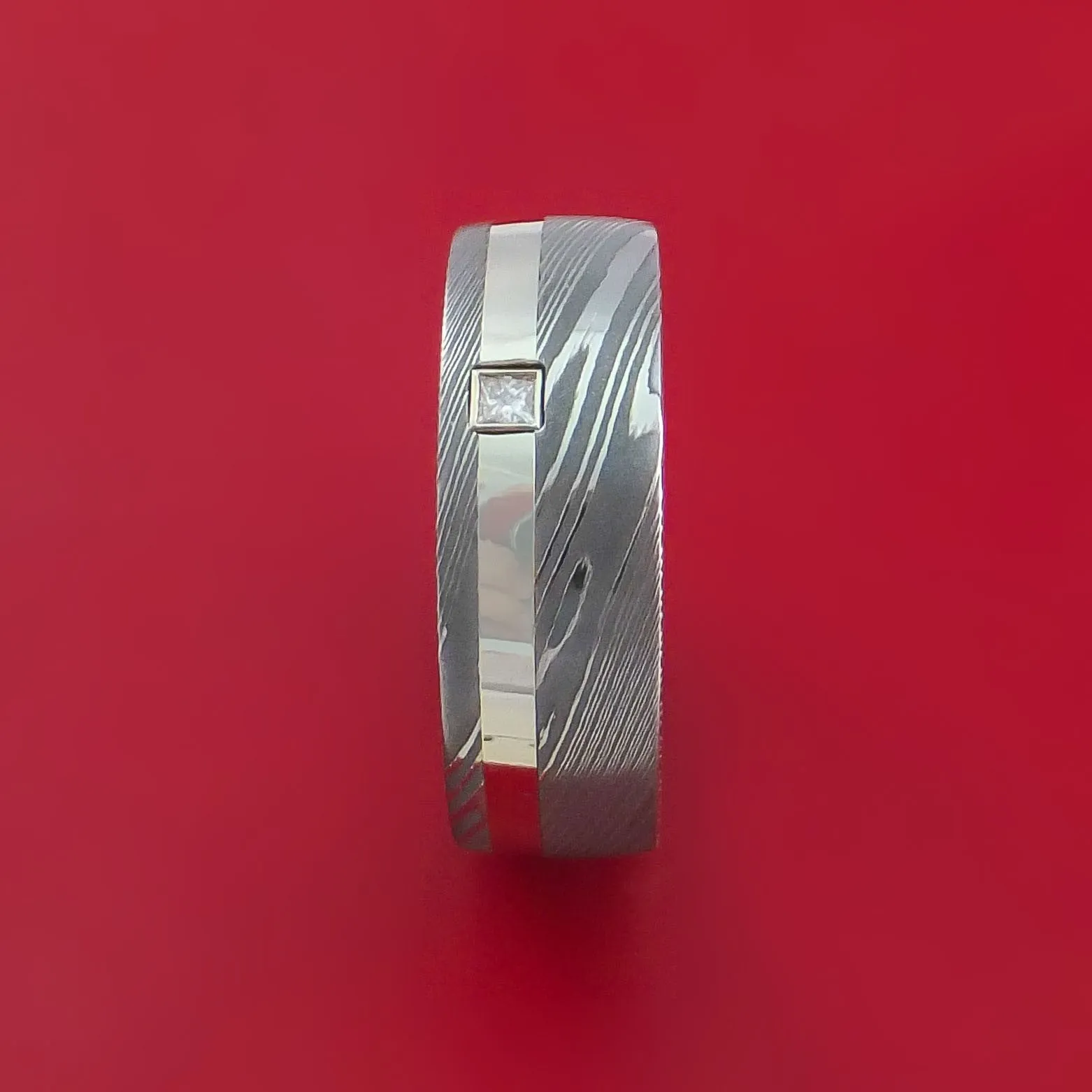 Damascus Steel and 14K White Gold Ring with Diamond Custom Made Band
