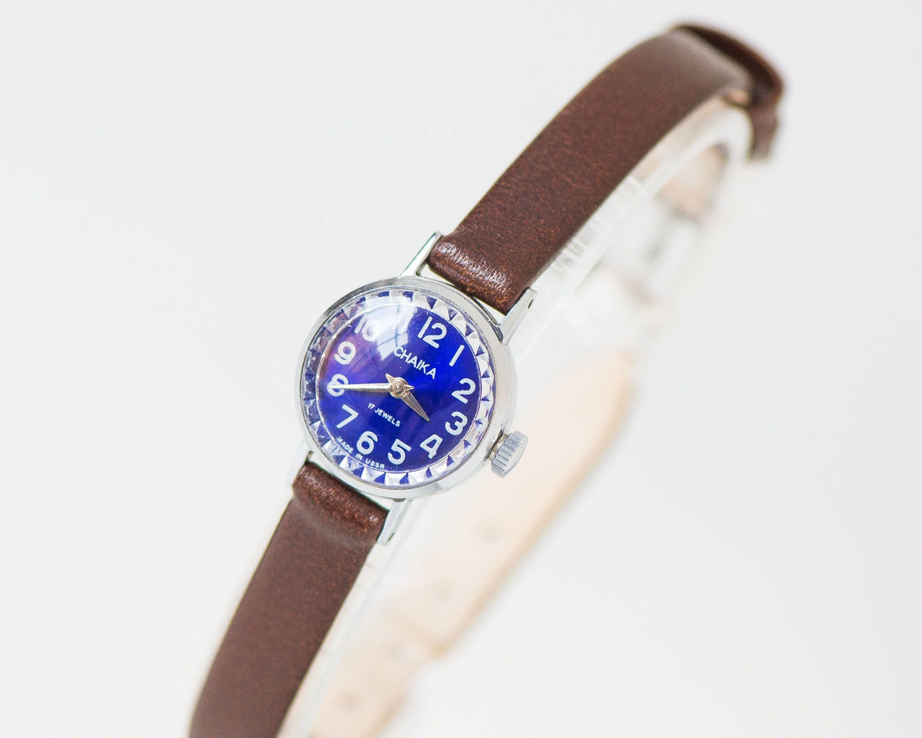 Dark blue women watch small vintage Seagull, silver shade wristwatch delicate lady accessory, navy dial tiny watch, new genuine leather band
