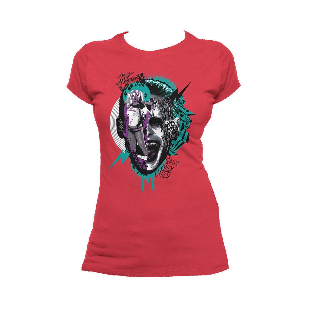 DC Suicide Squad Joker-Harley Quinn Collage Official Women's T-shirt (Red)